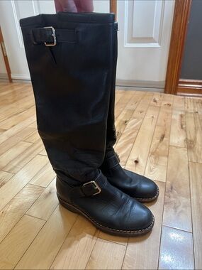 Roots Black Leather Knee-High Buckle Boots